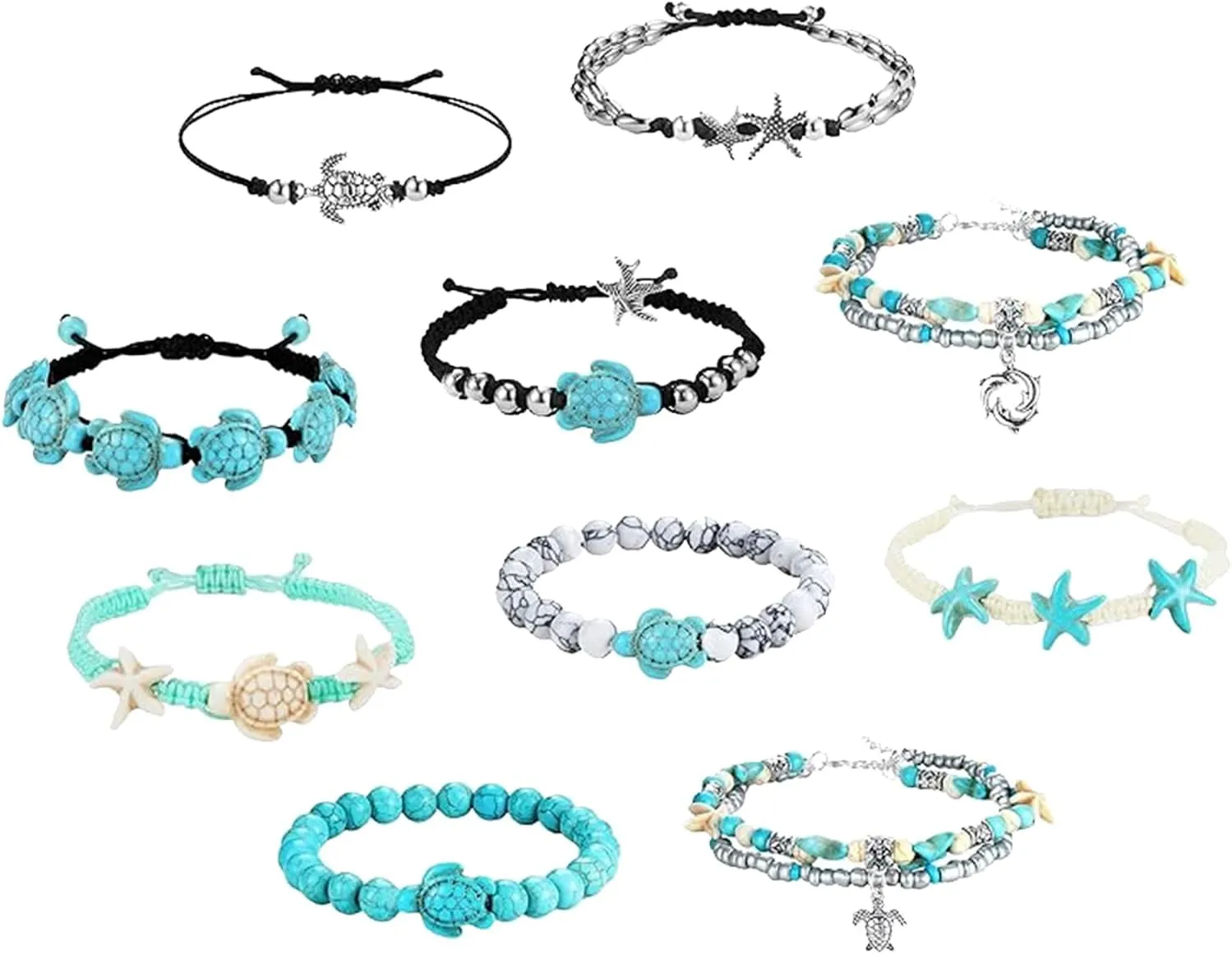 10 PCS Turtle Ankle Bracelets for Women- Adjustable Boho Beach Bracelets with Starfish & Sea Turtle Charms - Handmade Summer Jewelry for Women Men - Bahamas Souvenirs, Ocean-Themed Gifts