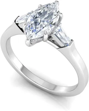 1.2 Carat Marquise & Baguette Cut Lab Grown Diamond (1 Ct, F, VS1) IGI Certified 14K Gold Three Stone Engagement Ring For Womens