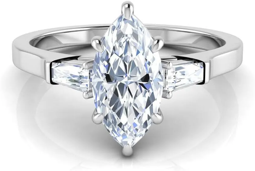 1.2 Carat Marquise & Baguette Cut Lab Grown Diamond (1 Ct, F, VS1) IGI Certified 14K Gold Three Stone Engagement Ring For Womens