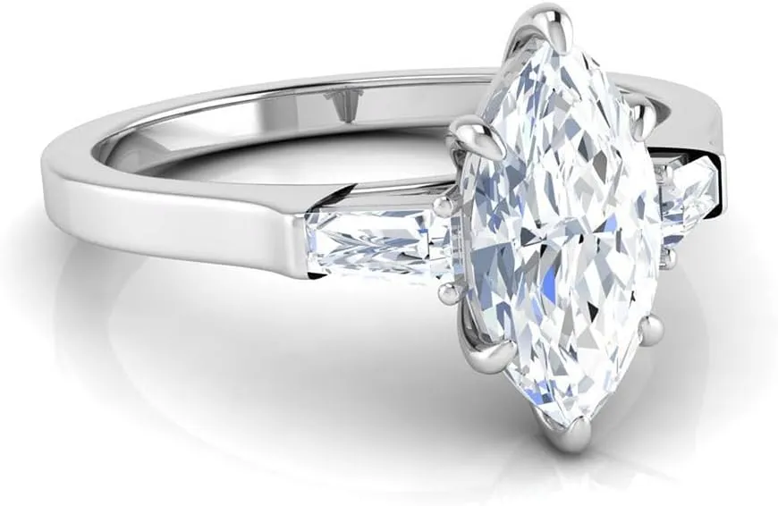 1.2 Carat Marquise & Baguette Cut Lab Grown Diamond (1 Ct, F, VS1) IGI Certified 14K Gold Three Stone Engagement Ring For Womens