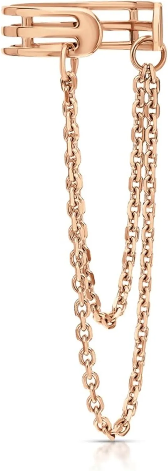 14k Gold Ear Cuff Chain Earring, Double Chain Threader Cuff, Triple Row Cartilage Wrap Earring, Fashion Jewelry Gift.