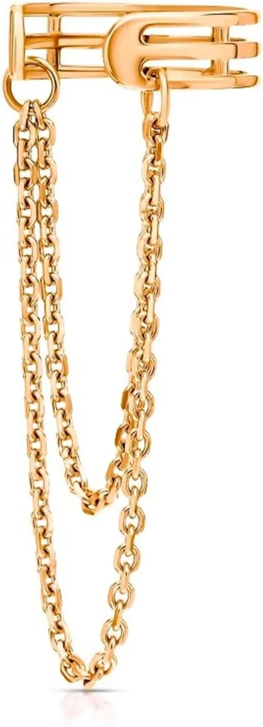 14k Gold Ear Cuff Chain Earring, Double Chain Threader Cuff, Triple Row Cartilage Wrap Earring, Fashion Jewelry Gift.