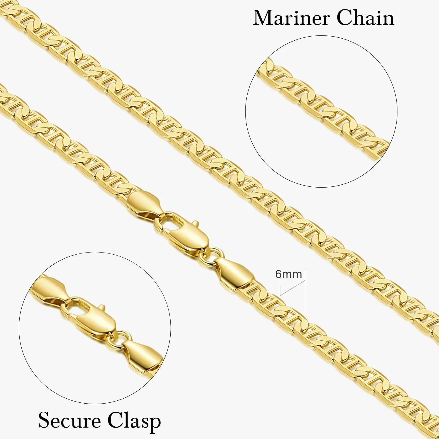 14K Gold Necklace for Women Mariner Link Chain Necklaces for Mens Non Tarnish Gold Chain for Men & Women 16" - 26 "