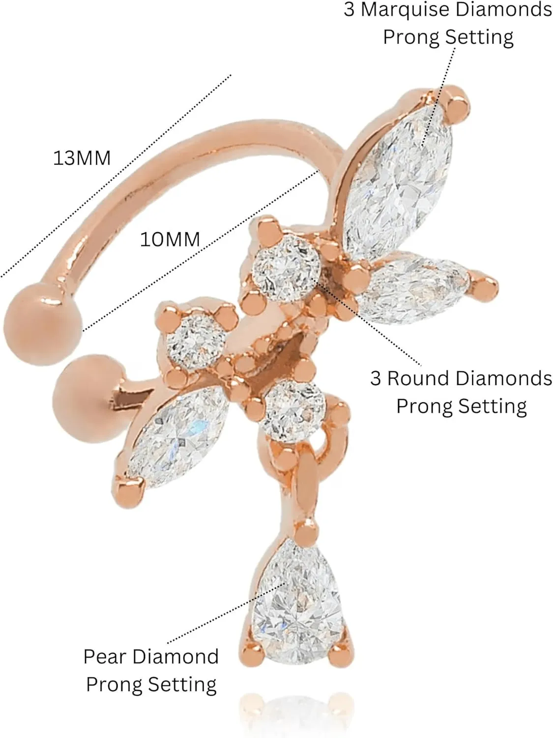 14K Gold Petals Dangle Cuff, Leaf Helix Piercing, Conch Earring, Pear Diamond (0.46ct) Dangle Cuff, Marquise Wrap Cuff, Party Wear, Gift For Her.