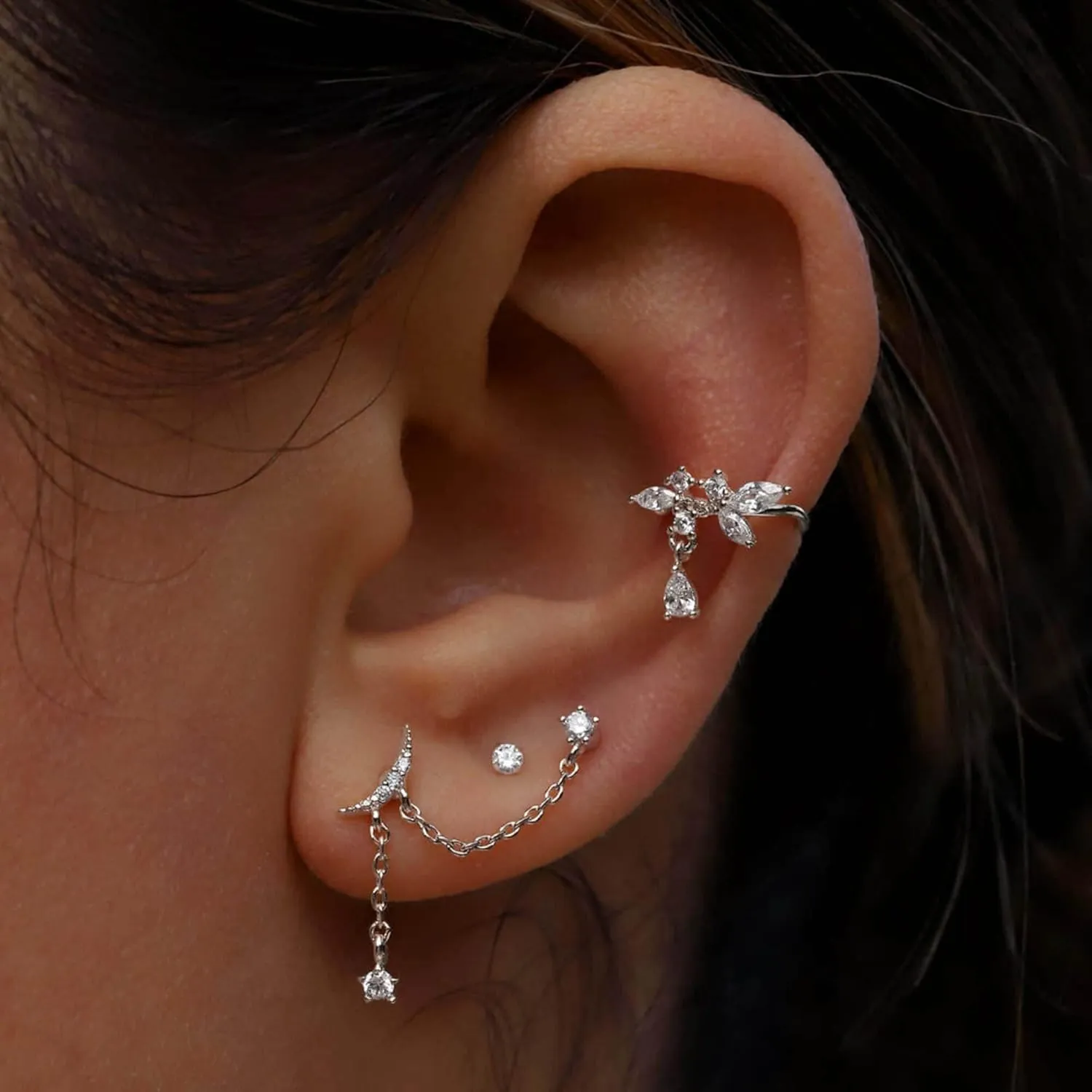 14K Gold Petals Dangle Cuff, Leaf Helix Piercing, Conch Earring, Pear Diamond (0.46ct) Dangle Cuff, Marquise Wrap Cuff, Party Wear, Gift For Her.