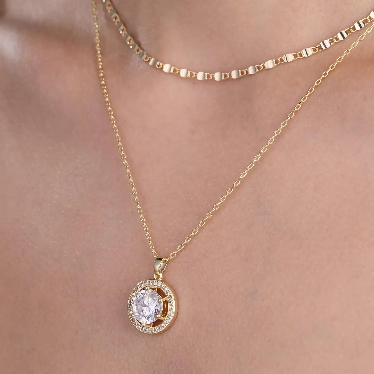 14K Gold Plated Cubic Zirconia Women's Layered Halo Necklace With Diamond Pendant