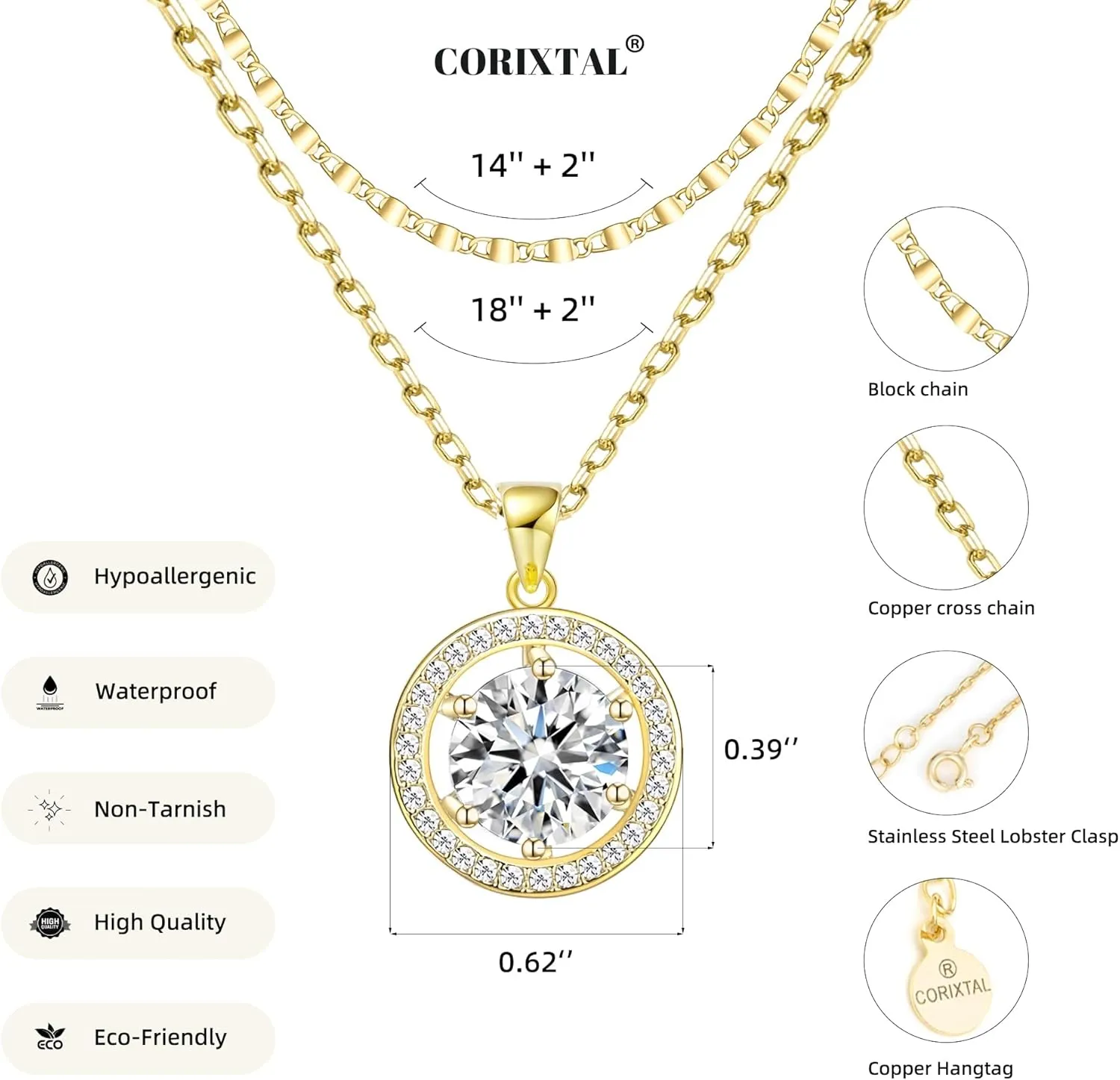 14K Gold Plated Cubic Zirconia Women's Layered Halo Necklace With Diamond Pendant