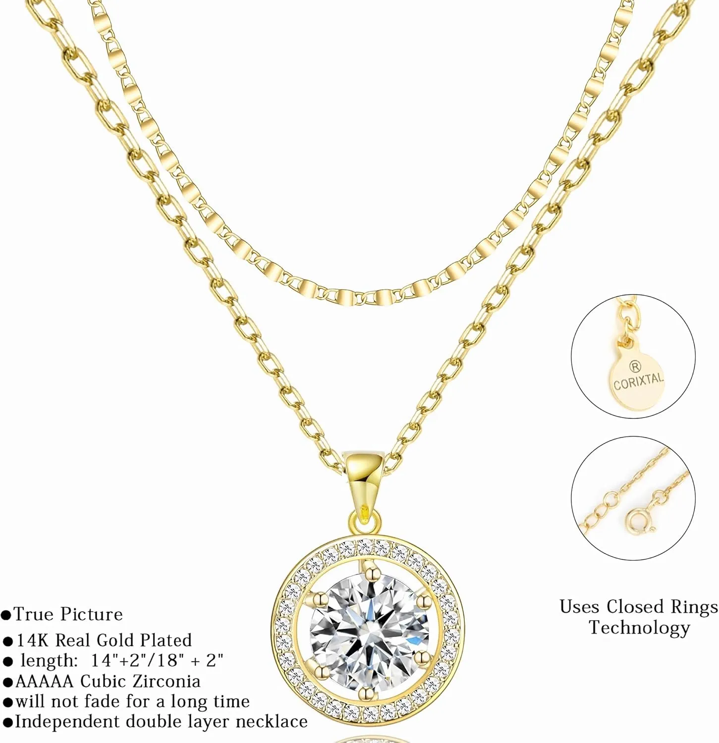 14K Gold Plated Cubic Zirconia Women's Layered Halo Necklace With Diamond Pendant