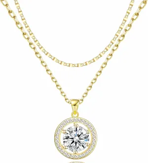 14K Gold Plated Cubic Zirconia Women's Layered Halo Necklace With Diamond Pendant