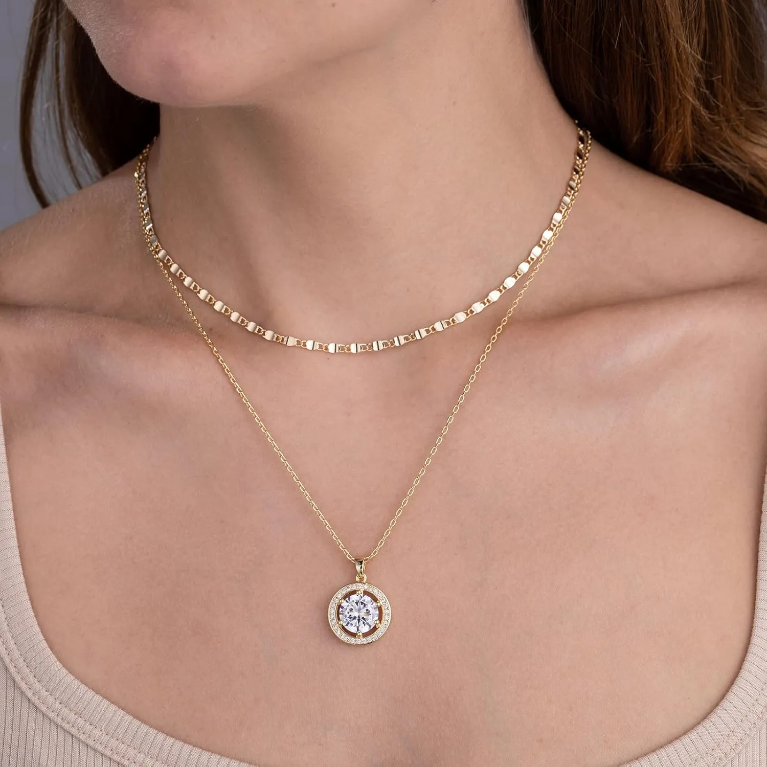14K Gold Plated Cubic Zirconia Women's Layered Halo Necklace With Diamond Pendant