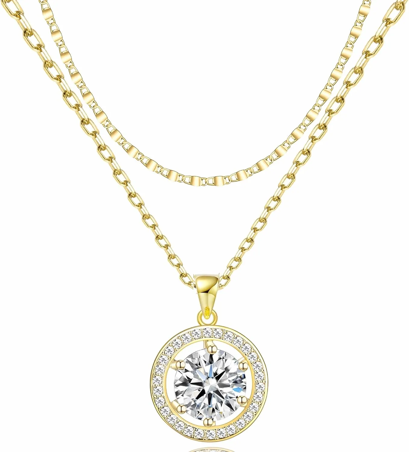 14K Gold Plated Cubic Zirconia Women's Layered Halo Necklace With Diamond Pendant