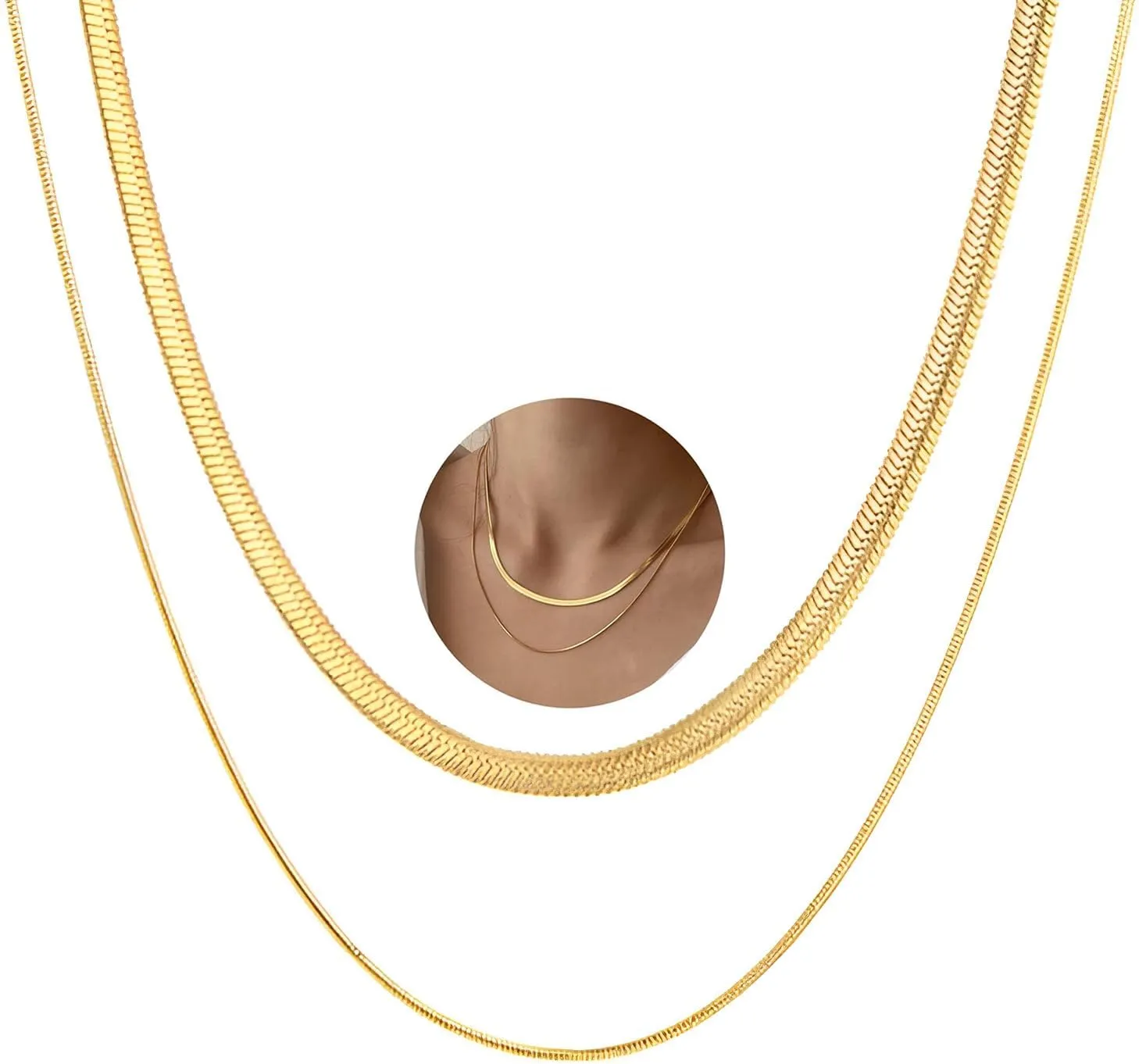 14K Gold Simple Herringbone Choker Necklace Chain Round Snake Layered Neck Chains Set for Women