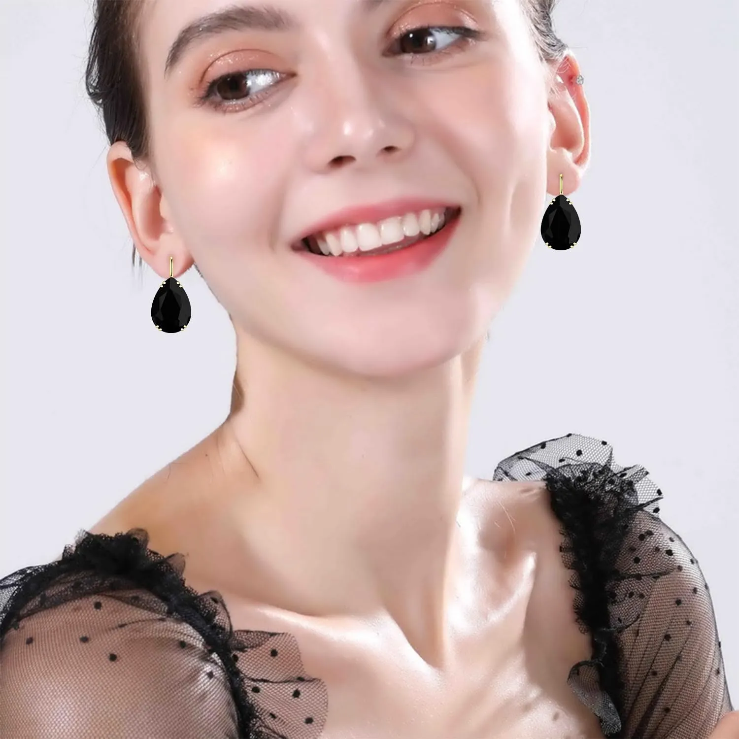 14K Gold Teardrop Crystal Leverback Earrings Sparkly Rhinestone Water Droplet Dangle Drop Earrings For Women