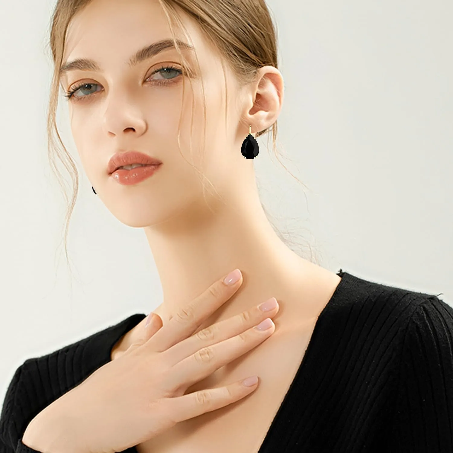 14K Gold Teardrop Crystal Leverback Earrings Sparkly Rhinestone Water Droplet Dangle Drop Earrings For Women