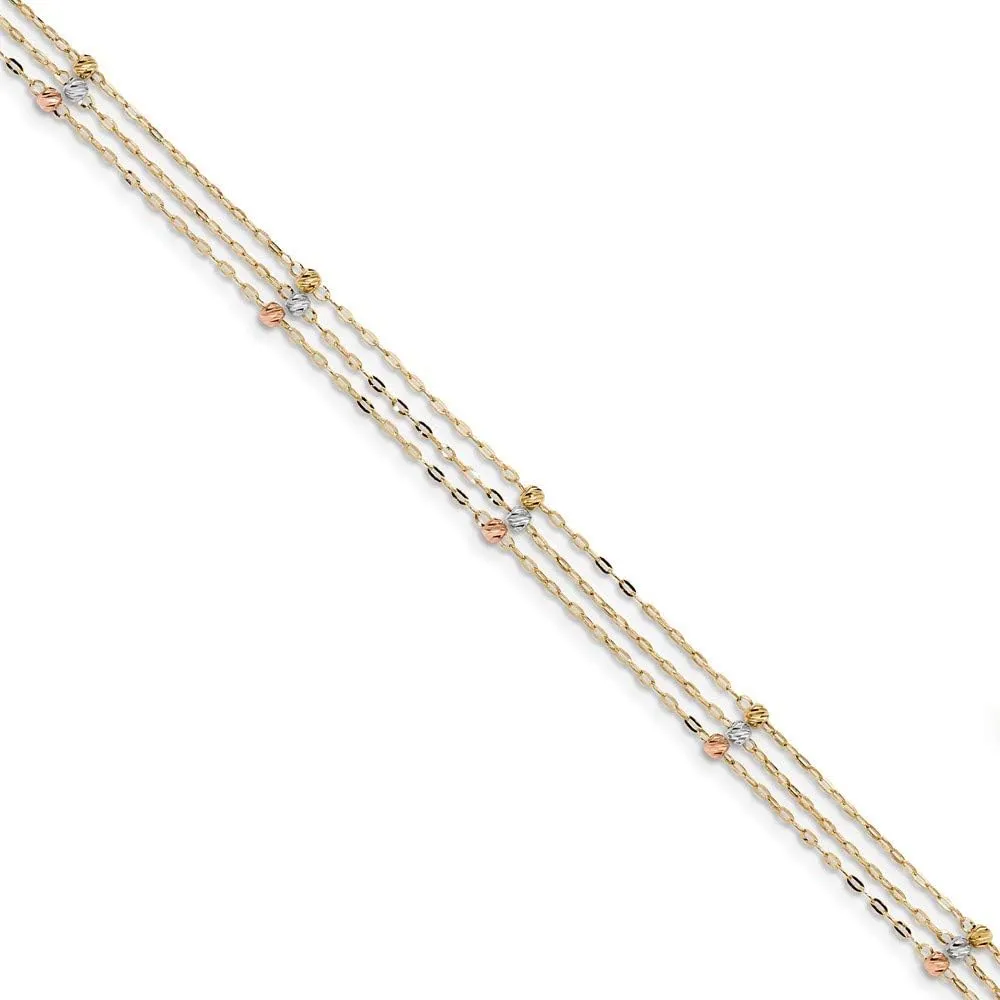 14k Tri Three Color Gold 3-Strand Diamond-cut Beaded Anklet 10"