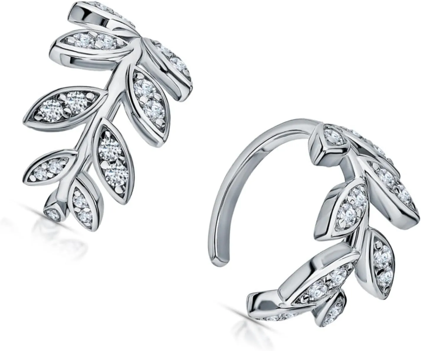 14K White Gold Leaf Ear Cuff, Marquise Leaf Climber and Hoop Earring in One, Nature-Inspired Wrap Design, Dainty Jewelry Gift for Her.