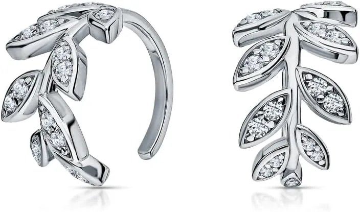 14K White Gold Leaf Ear Cuff, Marquise Leaf Climber and Hoop Earring in One, Nature-Inspired Wrap Design, Dainty Jewelry Gift for Her.