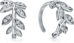 14K White Gold Leaf Ear Cuff, Marquise Leaf Climber and Hoop Earring in One, Nature-Inspired Wrap Design, Dainty Jewelry Gift for Her.
