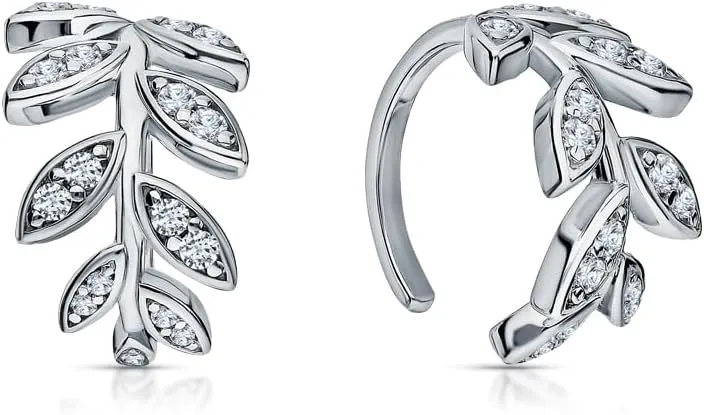 14K White Gold Leaf Ear Cuff, Marquise Leaf Climber and Hoop Earring in One, Nature-Inspired Wrap Design, Dainty Jewelry Gift for Her.