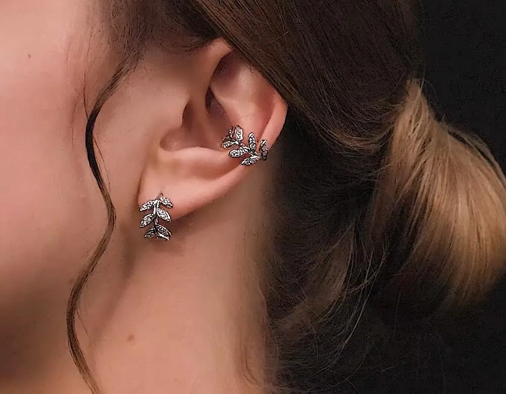 14K White Gold Leaf Ear Cuff, Marquise Leaf Climber and Hoop Earring in One, Nature-Inspired Wrap Design, Dainty Jewelry Gift for Her.