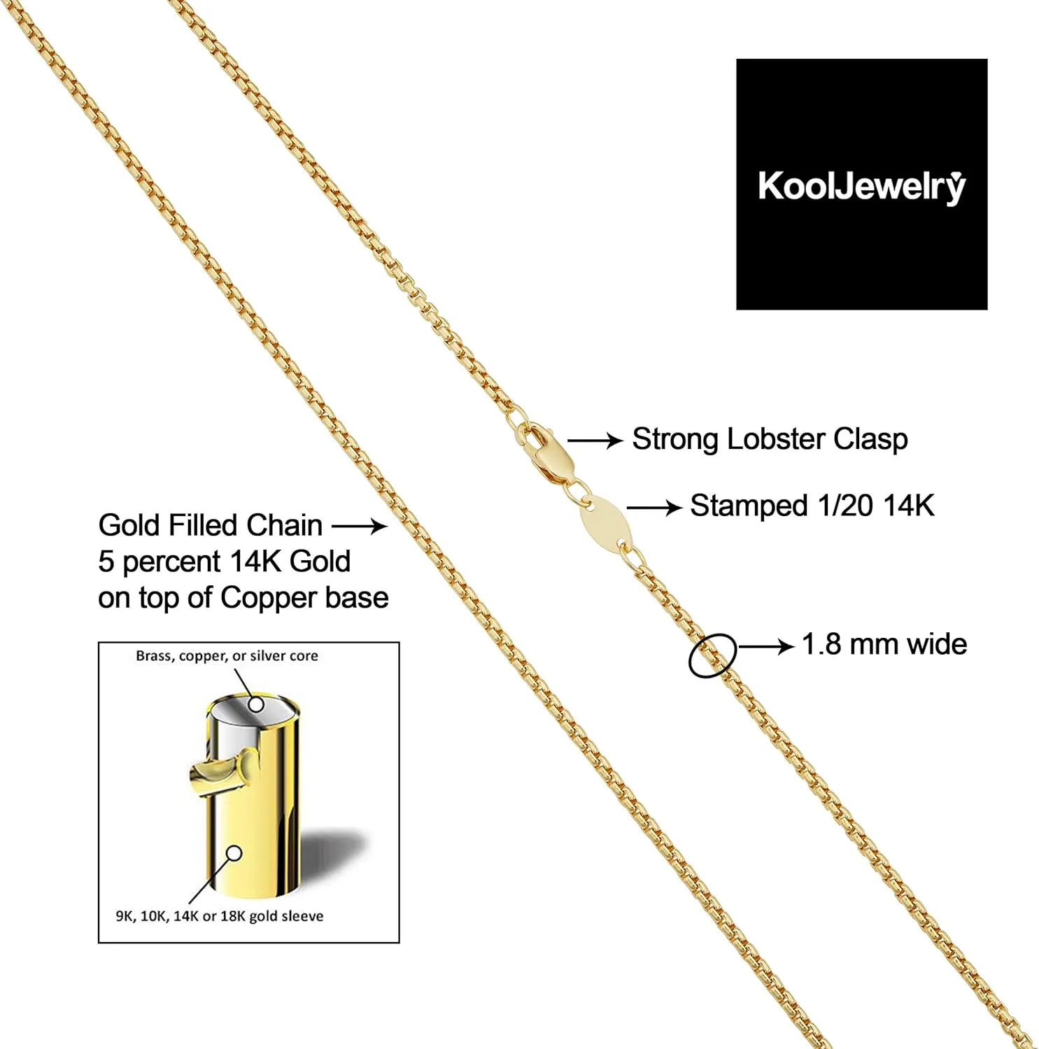 14k Yellow Gold Filled 1.8 mm Round Box Link Chain Necklace for Men And Women (16, 18, 20, 22, 24 or 30 inch)