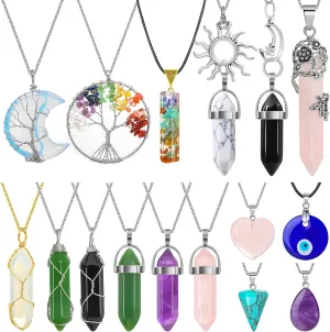 16 PCS Crystal Pendant Necklaces for Women, Amethyst Evil Eye Rose Quartz Moon Sun Tree of Life Amethyst Chakra Necklace, Healing Crystal Necklace Jewelry for Women Friends Gifts