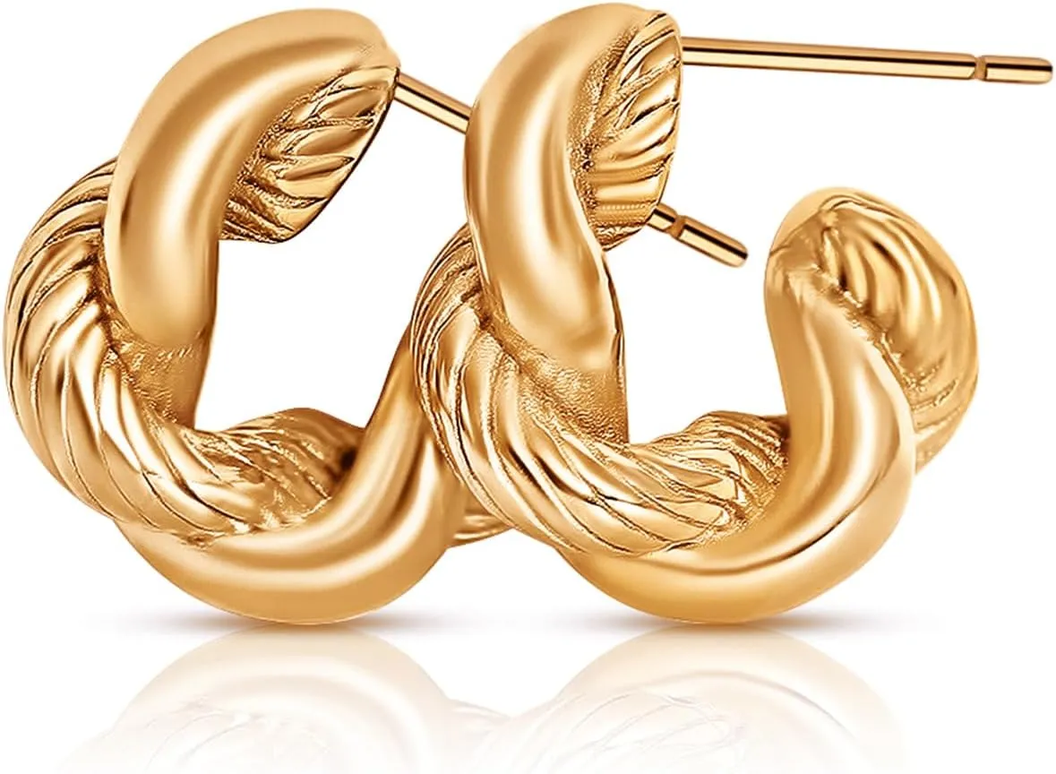 18K Gold-Plated Geometric Twist Hoop Earrings  Hypoallergenic Stainless Steel Lightweight Jewelry for Women, Elegant Statement Earrings for Everyday or Special Occasions