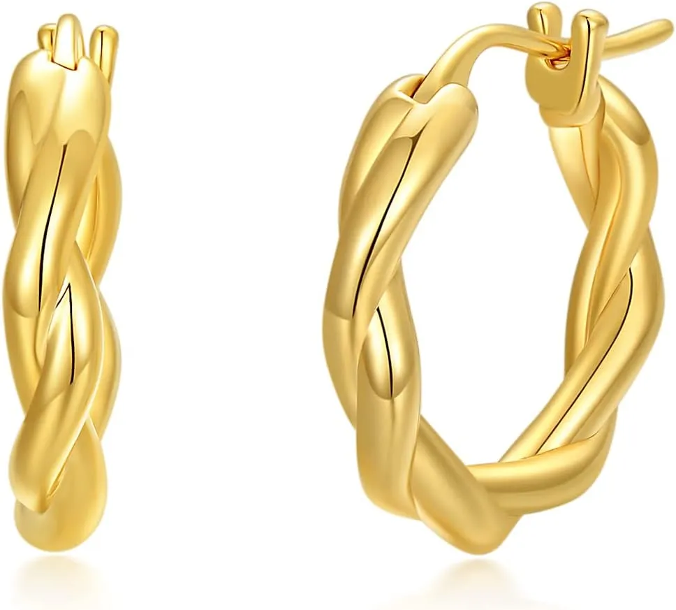 18k Yellow Gold Twist Hoop Earrings for Women, Real 18 Karat Gold Huggie Hoops(18 * 17 * 3 mm)