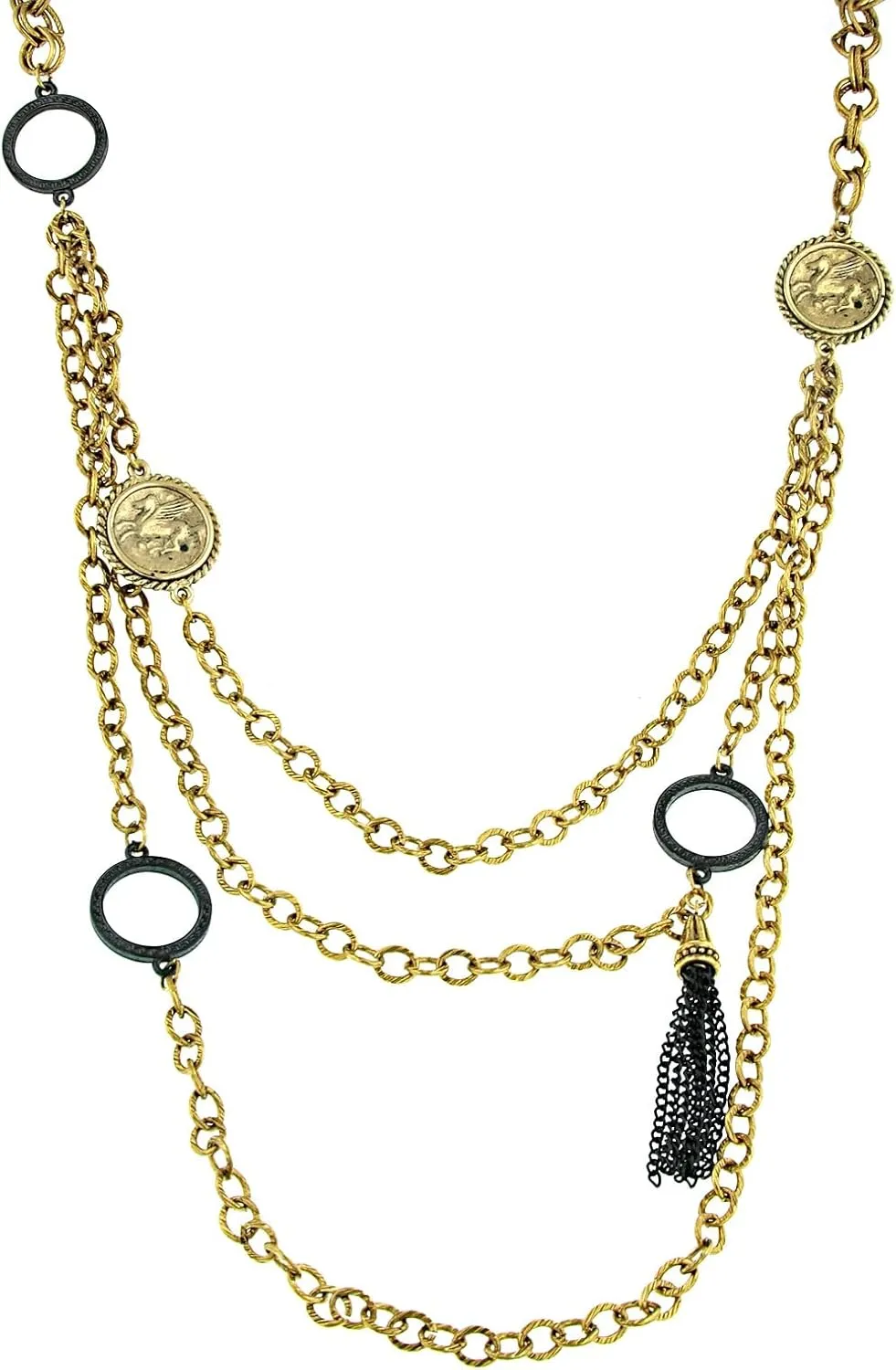 1928 Jewelry Company Antiquities Couture Round Black Rings & Gold Pegasus Linking Layered Chain Necklace 30"