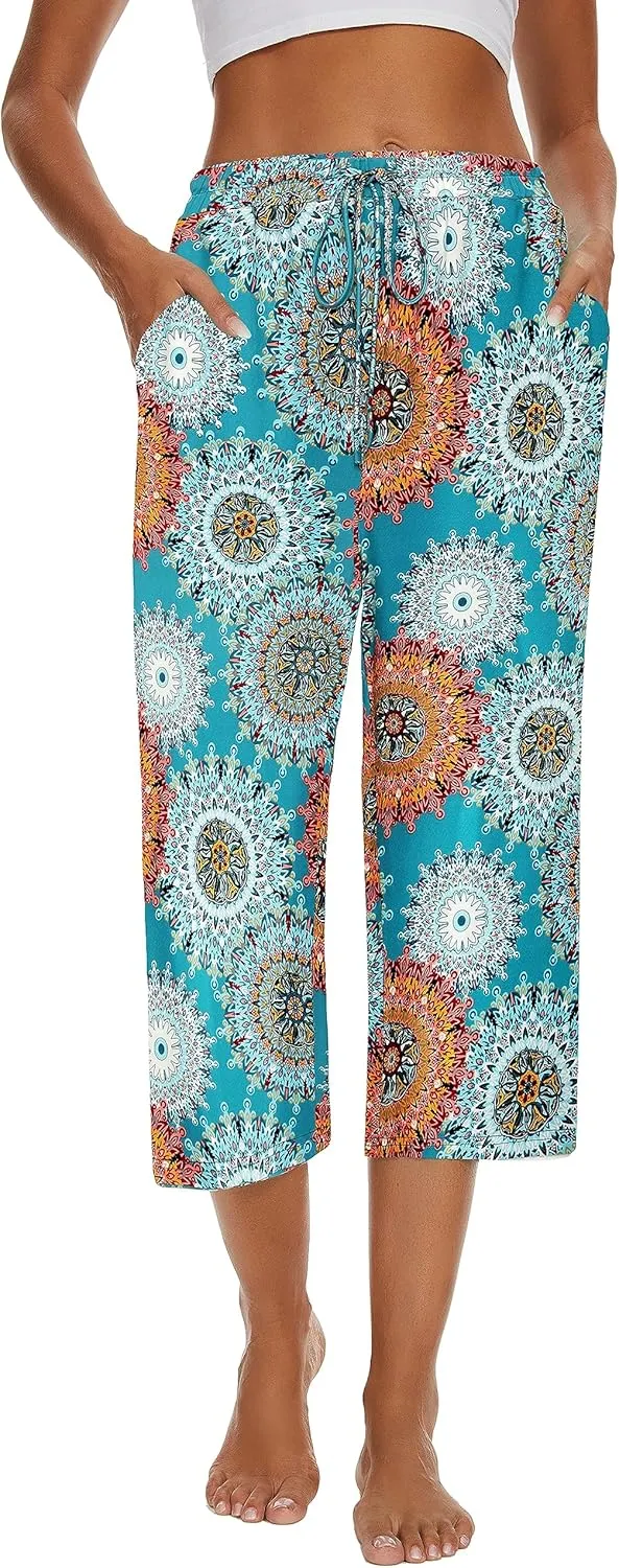 2 Pack Womens Pajama Pants Capri Sleep Lounge Pants Drawstring Pj Bottoms with Pockets