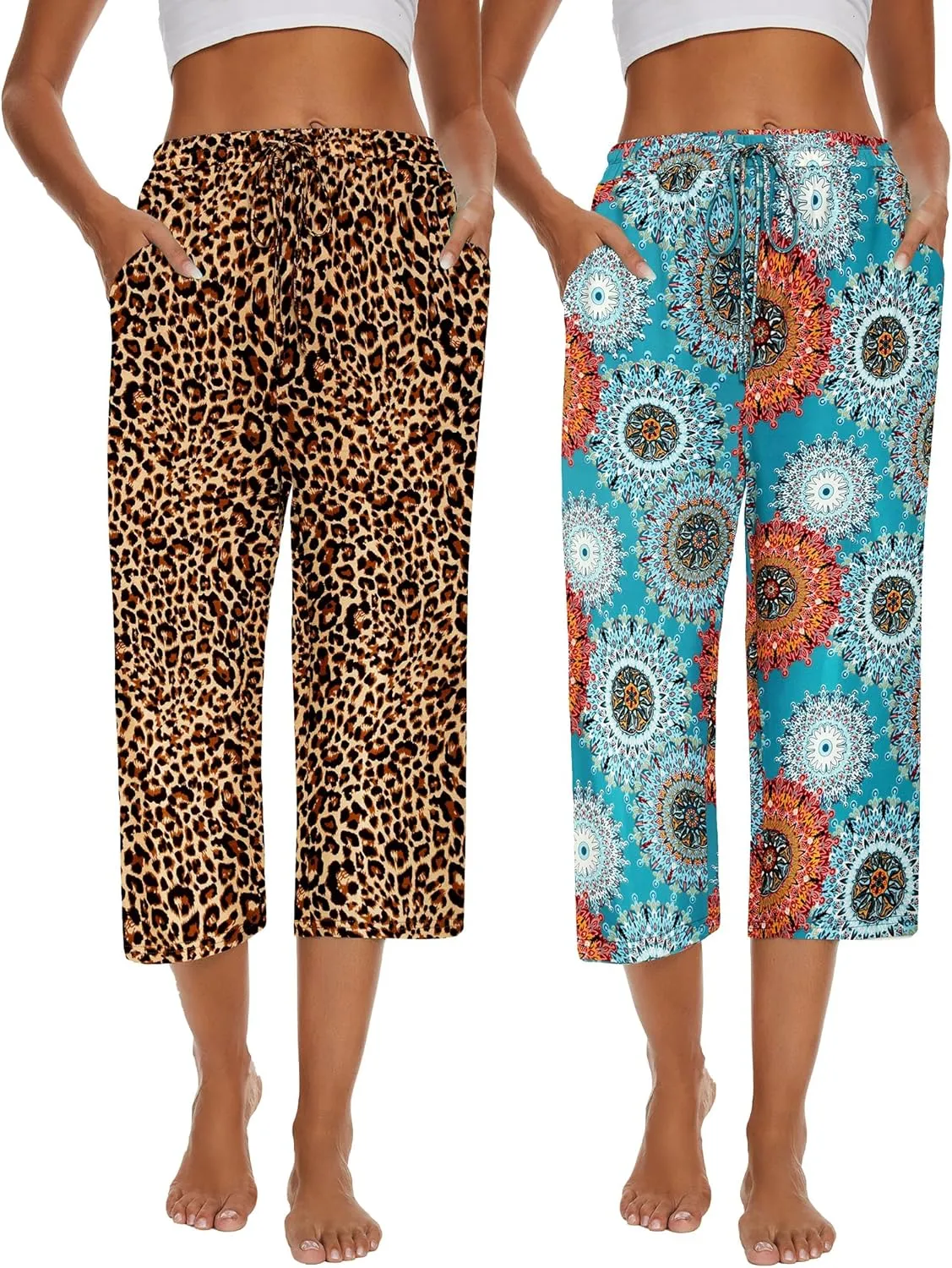 2 Pack Womens Pajama Pants Capri Sleep Lounge Pants Drawstring Pj Bottoms with Pockets