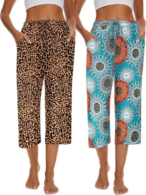 2 Pack Womens Pajama Pants Capri Sleep Lounge Pants Drawstring Pj Bottoms with Pockets
