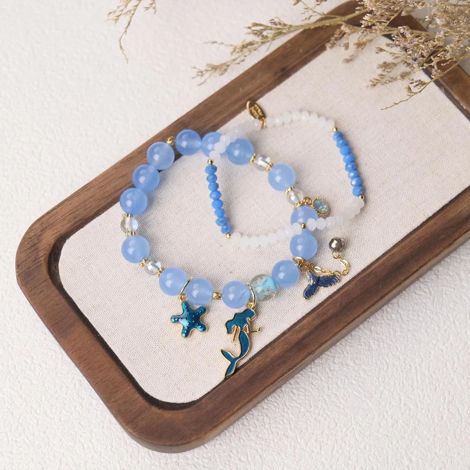 2 Pcs Mermaid Bracelets Set Beaded Mermaid Charm Bracelets Mermaid Gifts for Her