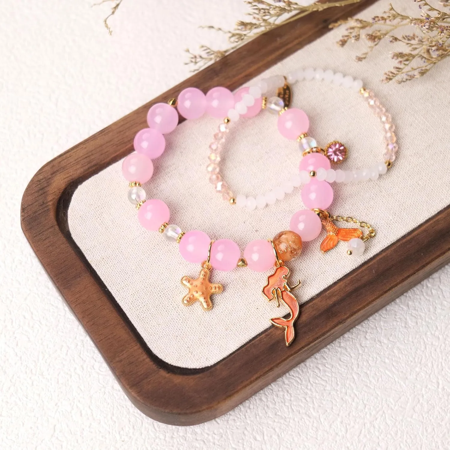 2 Pcs Mermaid Bracelets Set Beaded Mermaid Charm Bracelets Mermaid Gifts for Her