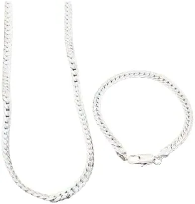 2 Piece 6MM Full Sideways 925 Sterling Silver Necklace Bracelet Fashion Jewelry For Women Men Link Chain Sets, White