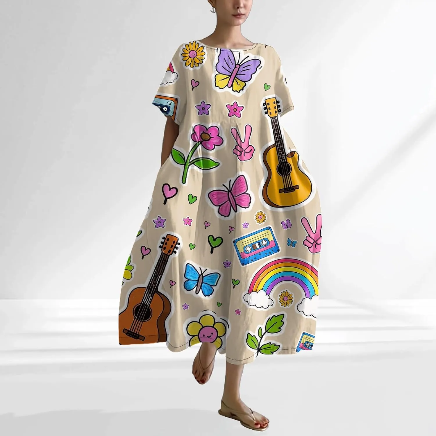2025 Summer Maxi Dress for Women Short Sleeve Boho Floral Dresses Flowy Cotton Dress Baggy Beach Sundresses