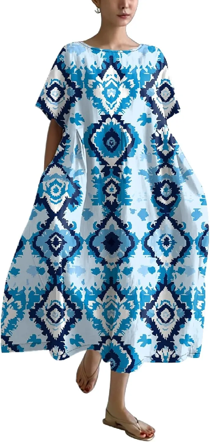 2025 Summer Maxi Dress for Women Short Sleeve Boho Floral Dresses Flowy Cotton Dress Baggy Beach Sundresses