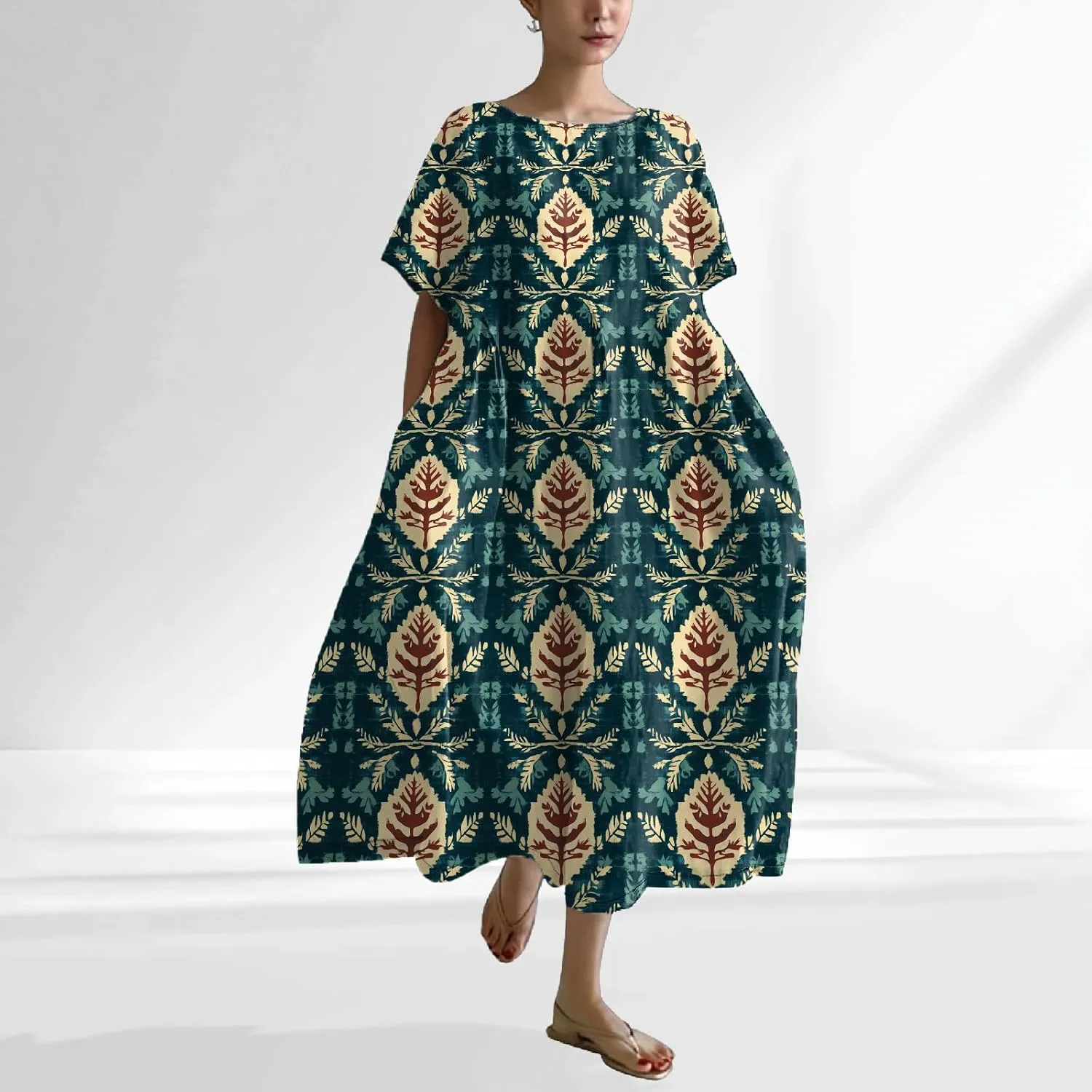 2025 Summer Maxi Dress for Women Short Sleeve Boho Floral Dresses Flowy Cotton Dress Baggy Beach Sundresses