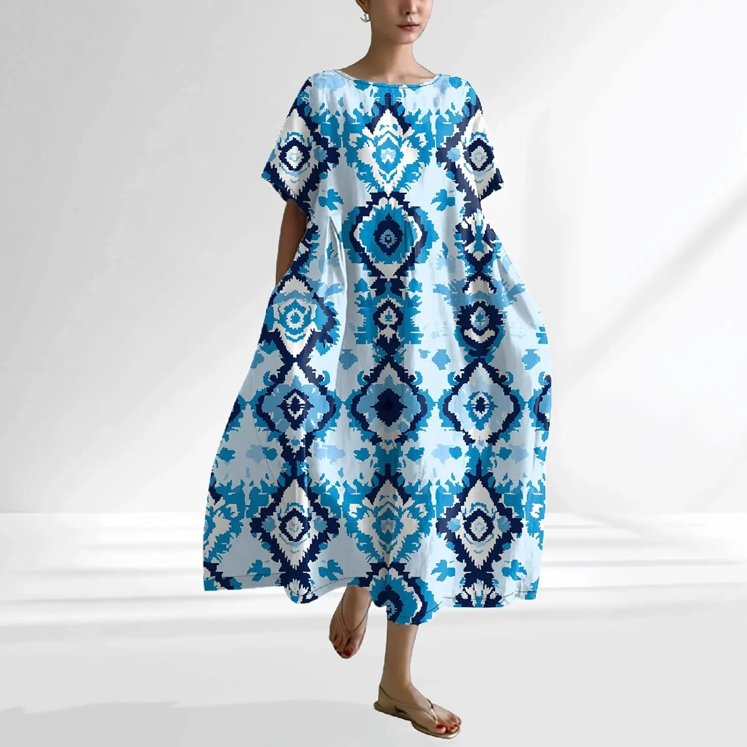 2025 Summer Maxi Dress for Women Short Sleeve Boho Floral Dresses Flowy Cotton Dress Baggy Beach Sundresses
