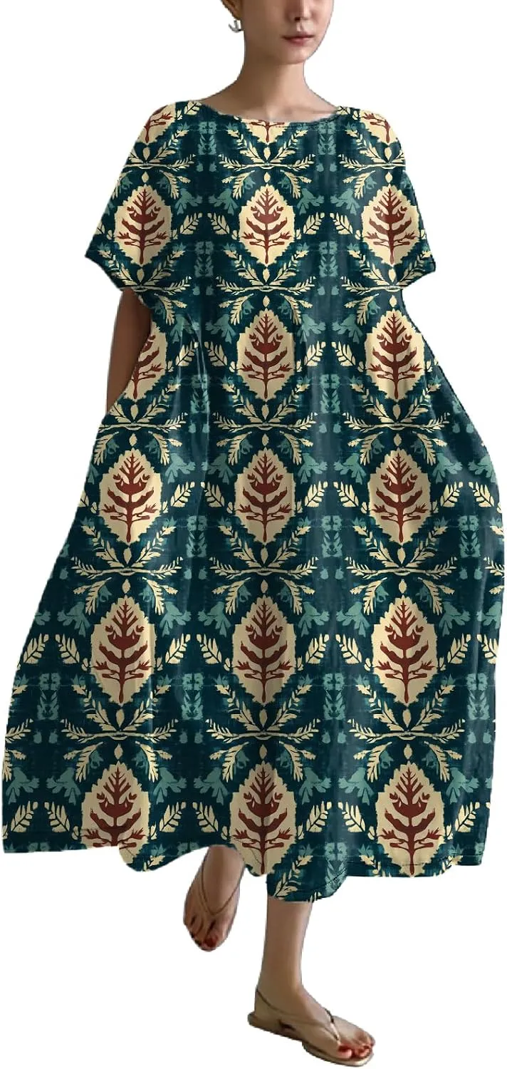 2025 Summer Maxi Dress for Women Short Sleeve Boho Floral Dresses Flowy Cotton Dress Baggy Beach Sundresses