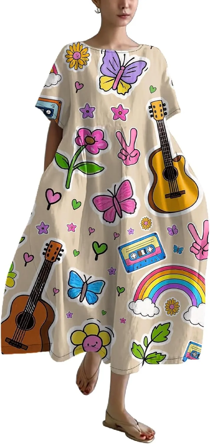 2025 Summer Maxi Dress for Women Short Sleeve Boho Floral Dresses Flowy Cotton Dress Baggy Beach Sundresses