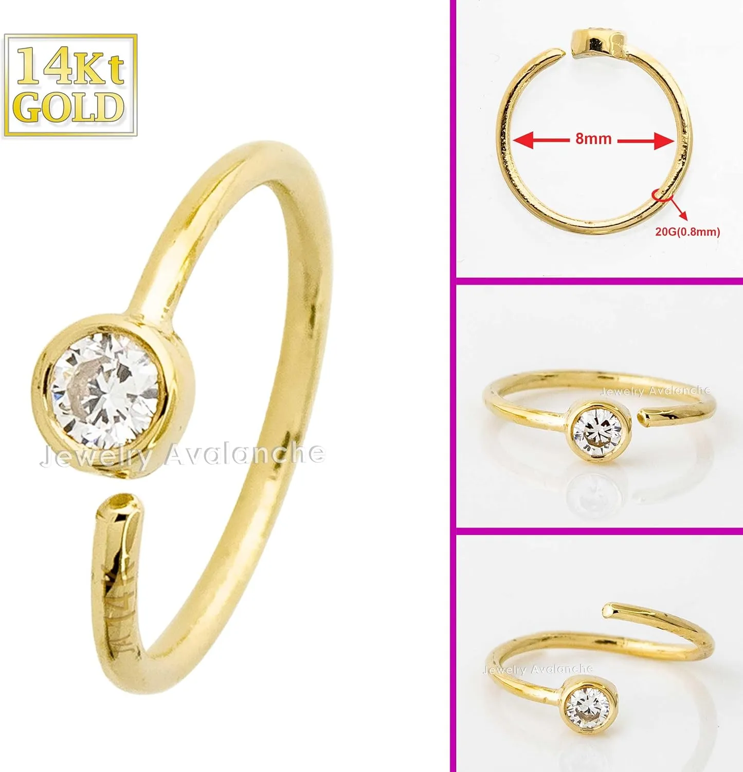 20G 14K Gold Solitaire Diamond Nose Hoop Ring 0.015-0.11 carat Bezel Set Diamond 8mm Twist-open Nostril Ring Cartilage Hoop Tragus Ring Unisex