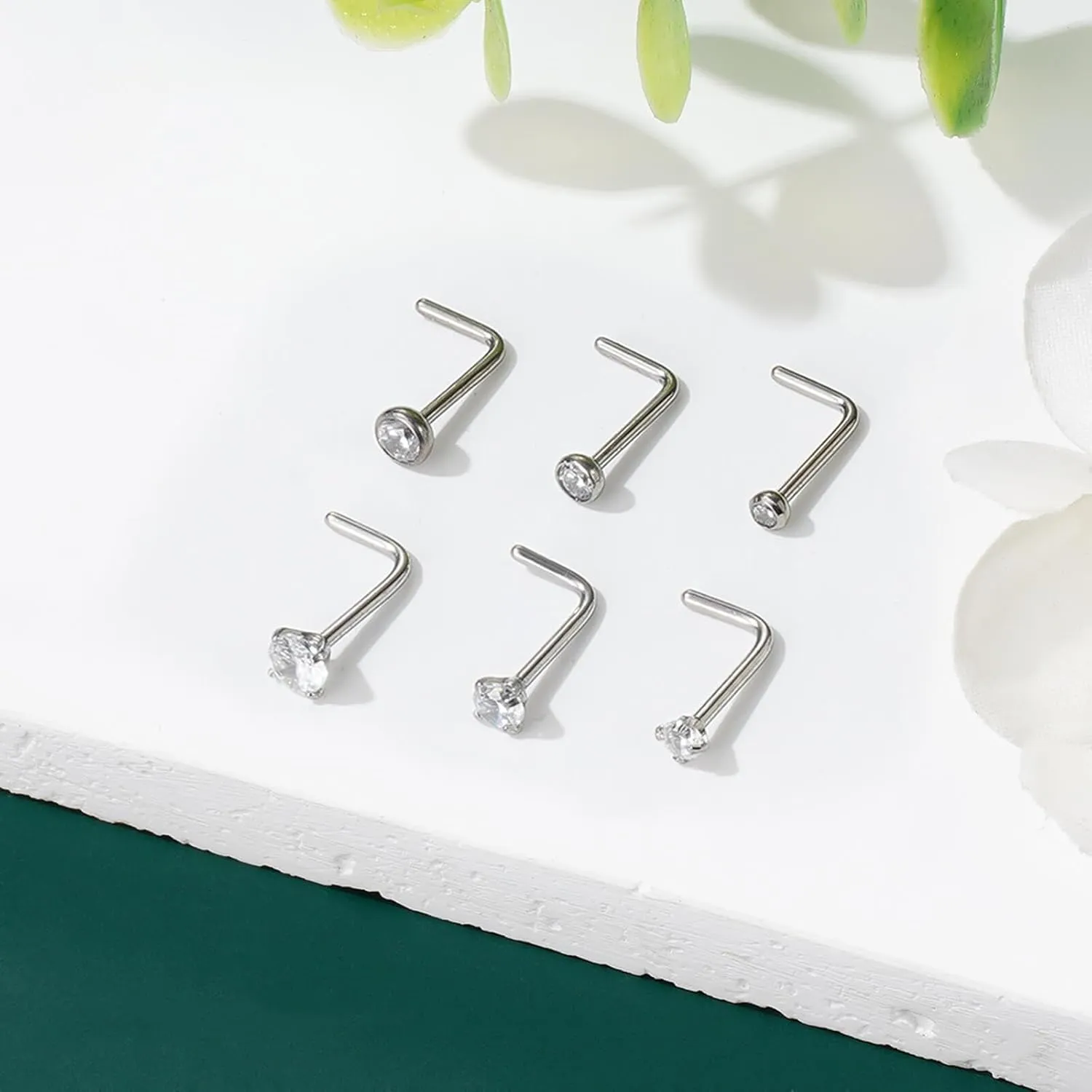 20G Nose Rings Titanium Nose Studs Cubic Zirconia Straight Nose Piercing Jewelry Hypoallergenic Nose Rings Studs for Women Men 6pcs set Silver