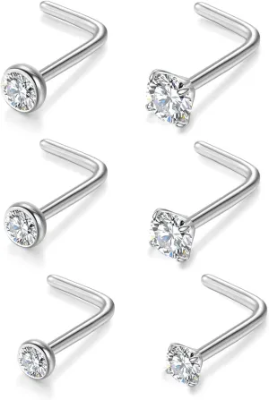 20G Nose Rings Titanium Nose Studs Cubic Zirconia Straight Nose Piercing Jewelry Hypoallergenic Nose Rings Studs for Women Men 6pcs set Silver