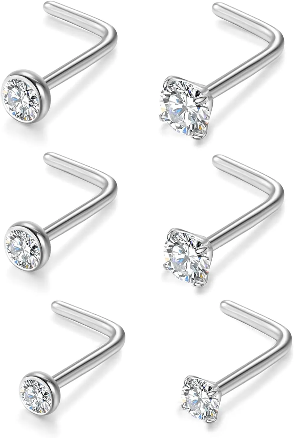 20G Nose Rings Titanium Nose Studs Cubic Zirconia Straight Nose Piercing Jewelry Hypoallergenic Nose Rings Studs for Women Men 6pcs set Silver
