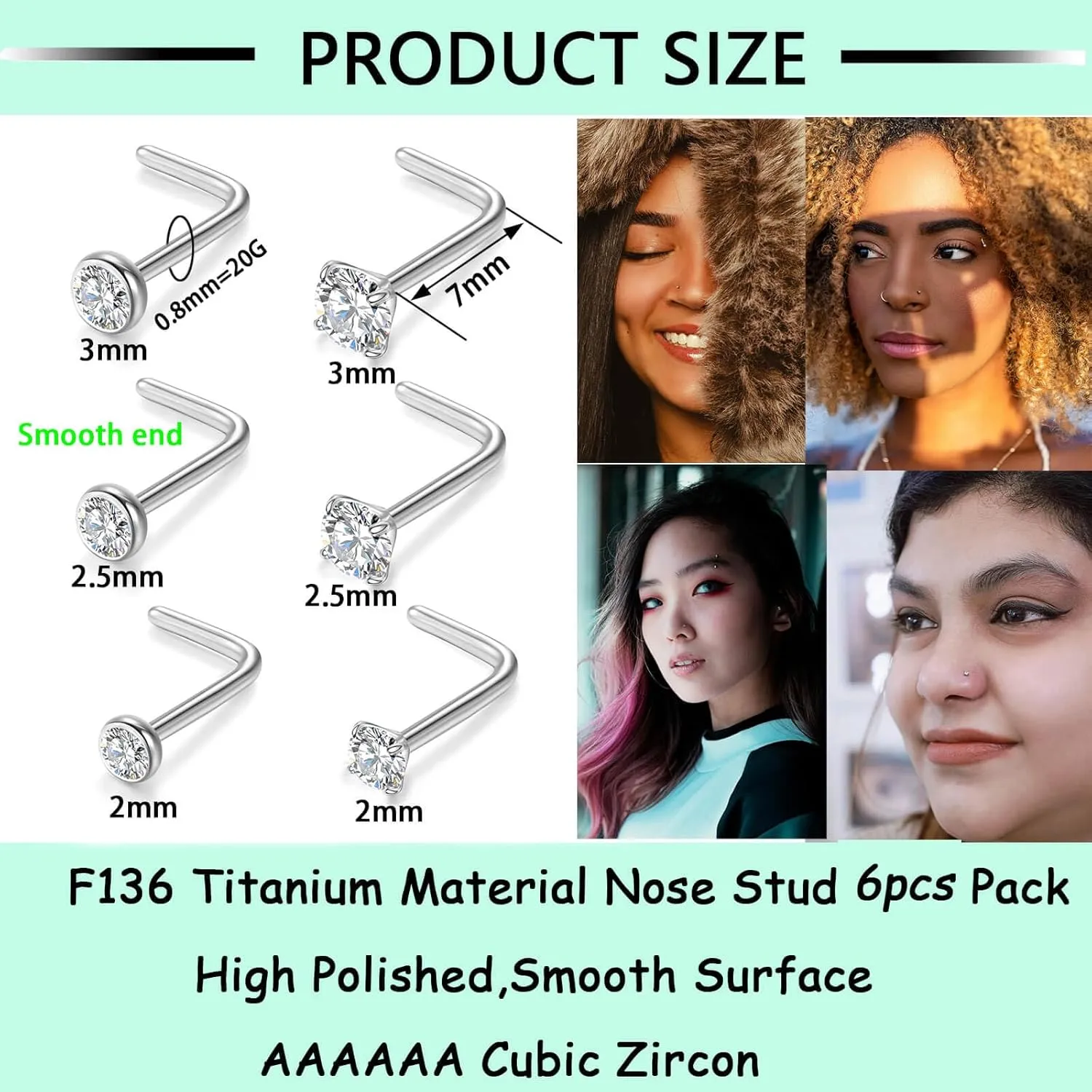20G Nose Rings Titanium Nose Studs Cubic Zirconia Straight Nose Piercing Jewelry Hypoallergenic Nose Rings Studs for Women Men 6pcs set Silver
