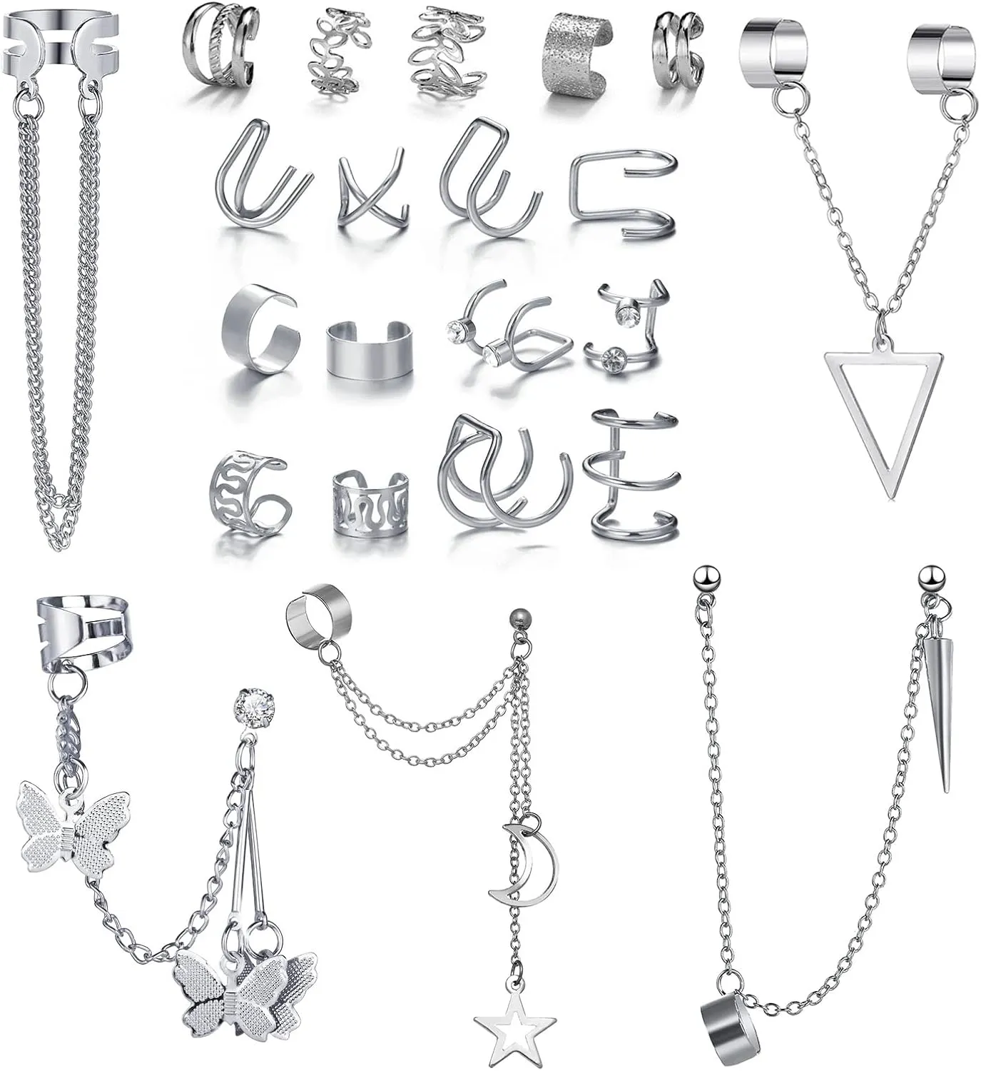 22Pcs Ear Cuffs Set for Women, No Piercing Cuff Earrings Chain Wrap Earrings Tassel Clip On Ear