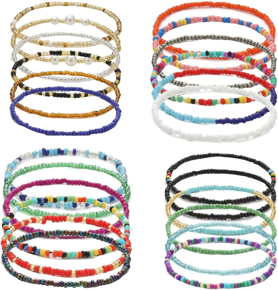 24PCS Boho Beaded Anklet for Women - Colorful Elastic Ankle Bracelet - Handmade Adjustable African Beach Anklets - Boho Style for Girls