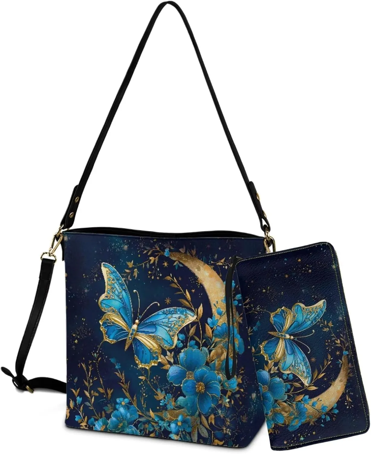 2PC Leather Purse and Wallet Set for Women Lady Large Crossbody Bucket Tote Bag with PU Wallet