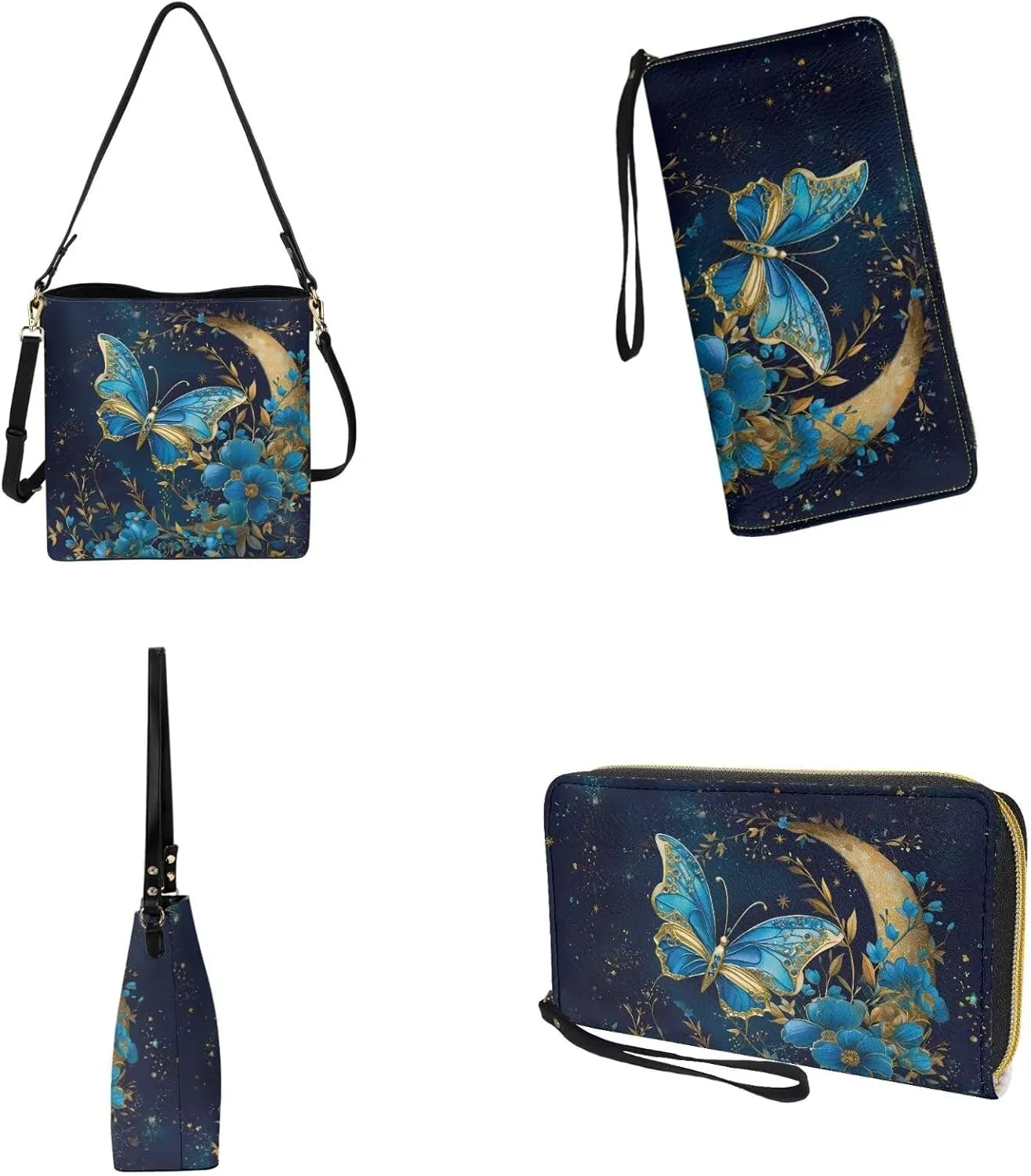 2PC Leather Purse and Wallet Set for Women Lady Large Crossbody Bucket Tote Bag with PU Wallet